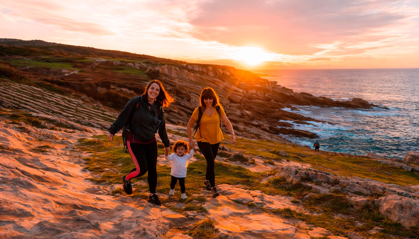 pareja de chicas con su hija en playa de rocas