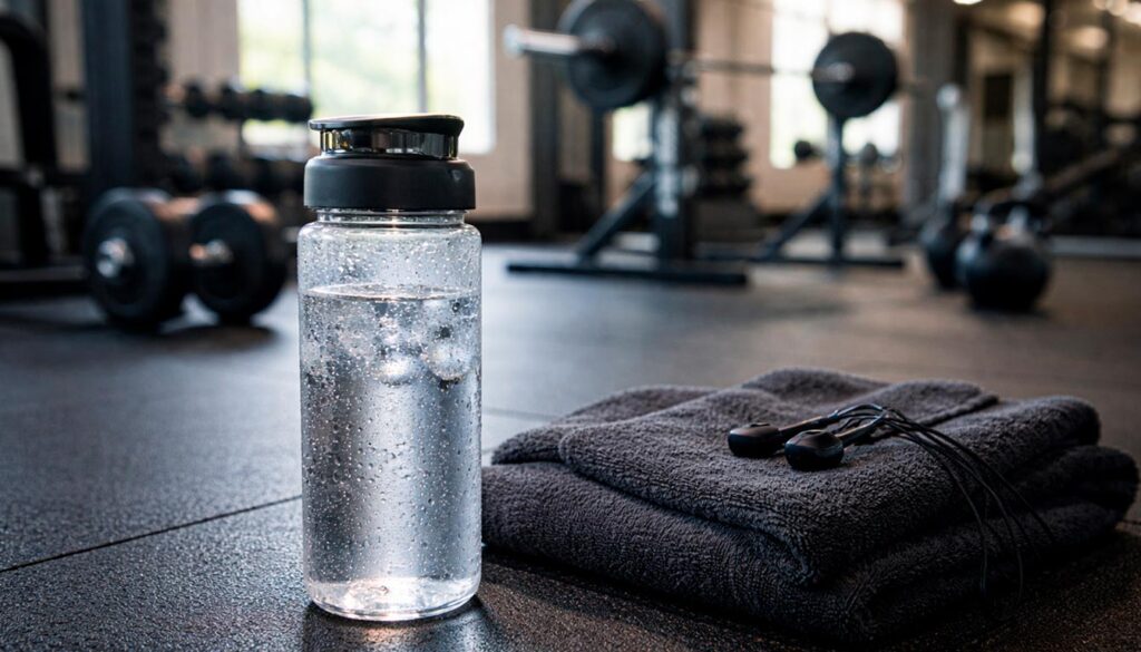 botella de agua en gimnasio