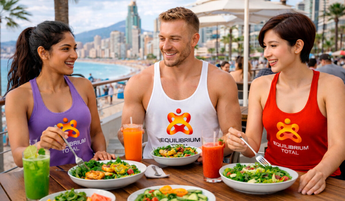 3 monitores de Equilibrium Total comiendo sano en terraza de Benidorm