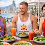 3 monitores de Equilibrium Total comiendo sano en terraza de Benidorm